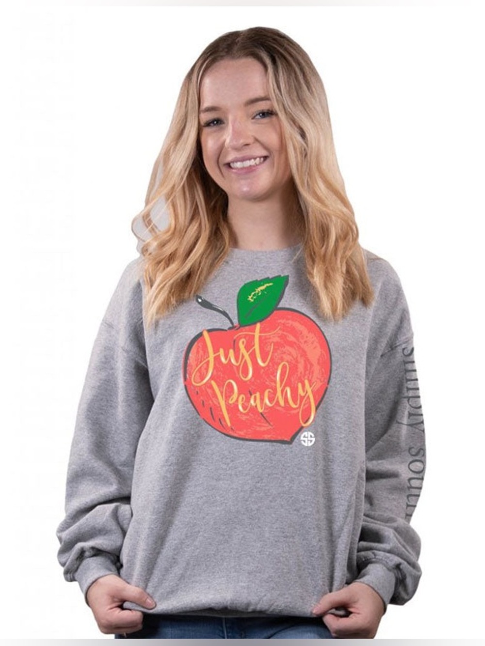 Simply Southern Just Peachy Graphic Sweatshirt Heather Gray Peach Crewneck Small